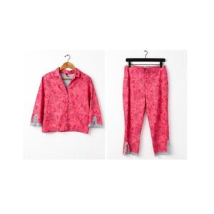 Josie Natori Pink Paisley Pajama Set Crop Small 100% Cotton Lace Trim Lounge Set